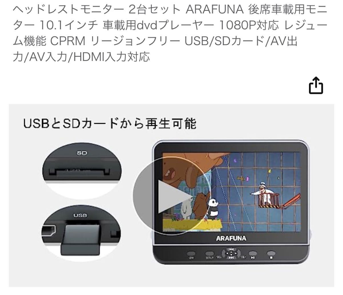 ヘッドレストモニター 2台セット ARAFUNA 後席車載用モニター 10.1インチ 車載用dvdプレーヤー 1080P対応