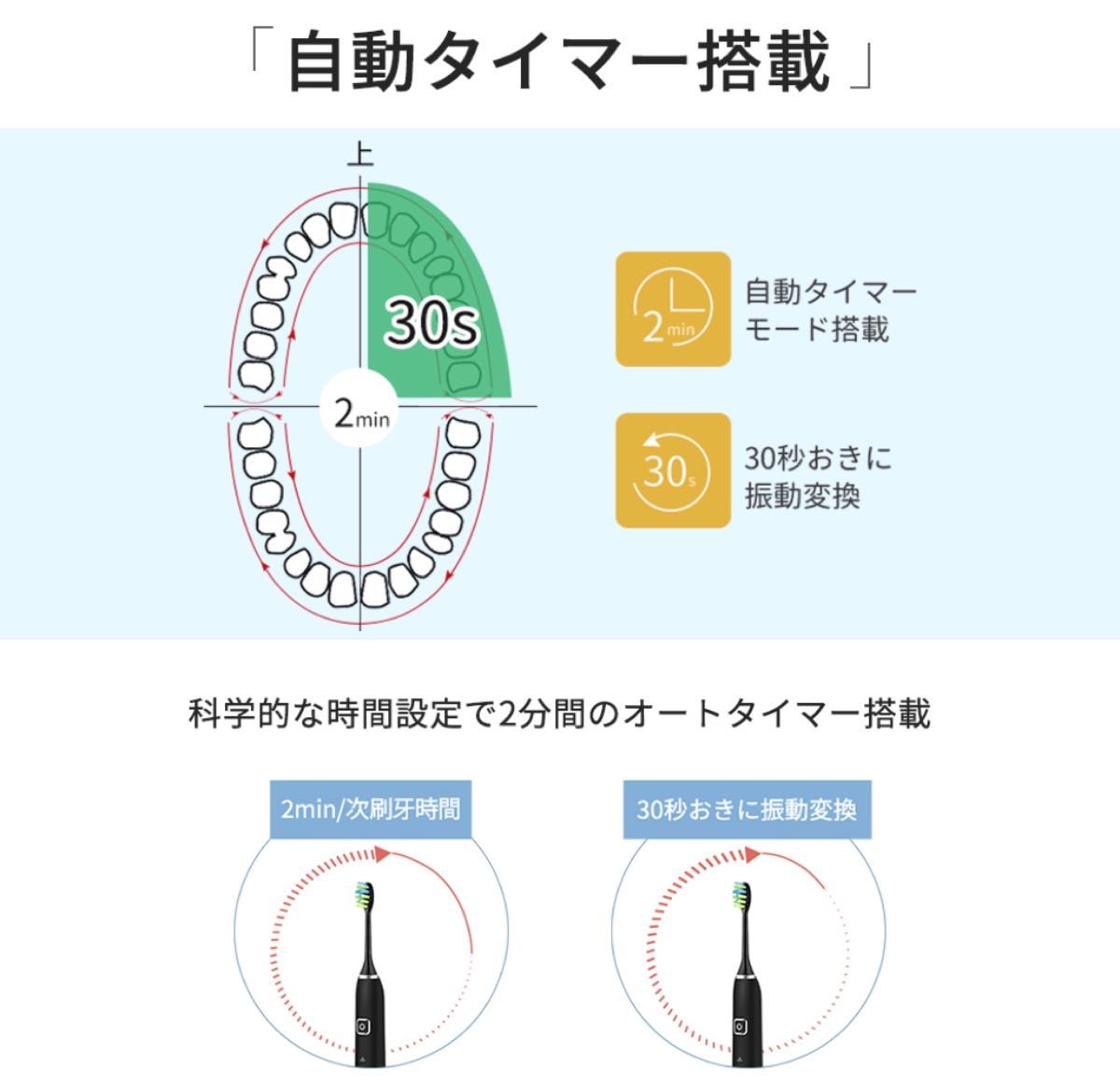 電動歯ブラシ 歯ブラシ 持ち運び 自動タイマー 防水 口腔ケア ブラック 