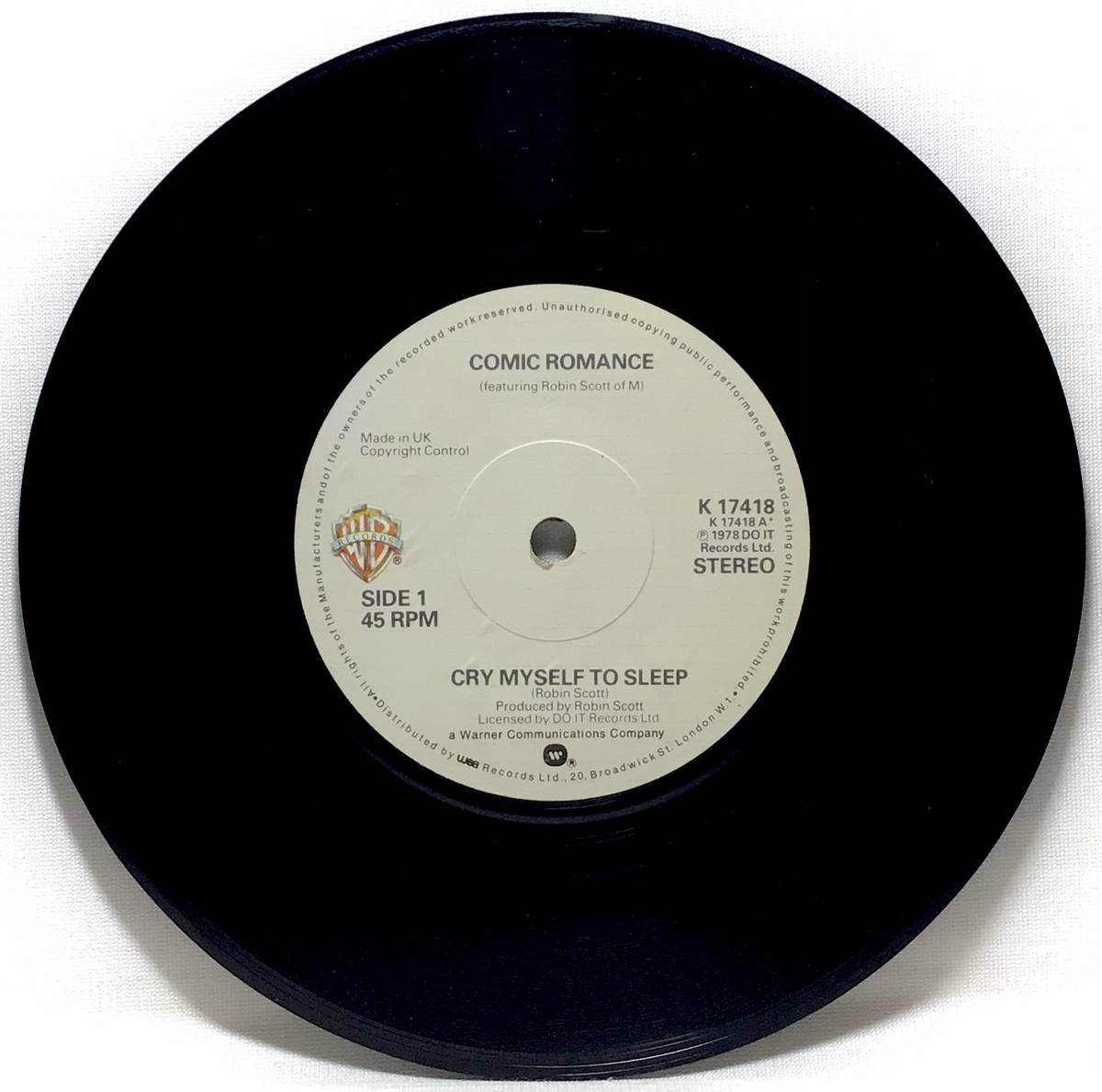 【英7】 COMIC ROMANCE feat. ROBIN SCOTT ロビン・スコット CRY MYSELF TO SLEEP / COWBOY & INDIANS 1979 UK盤 7インチレコード EP 45_画像3