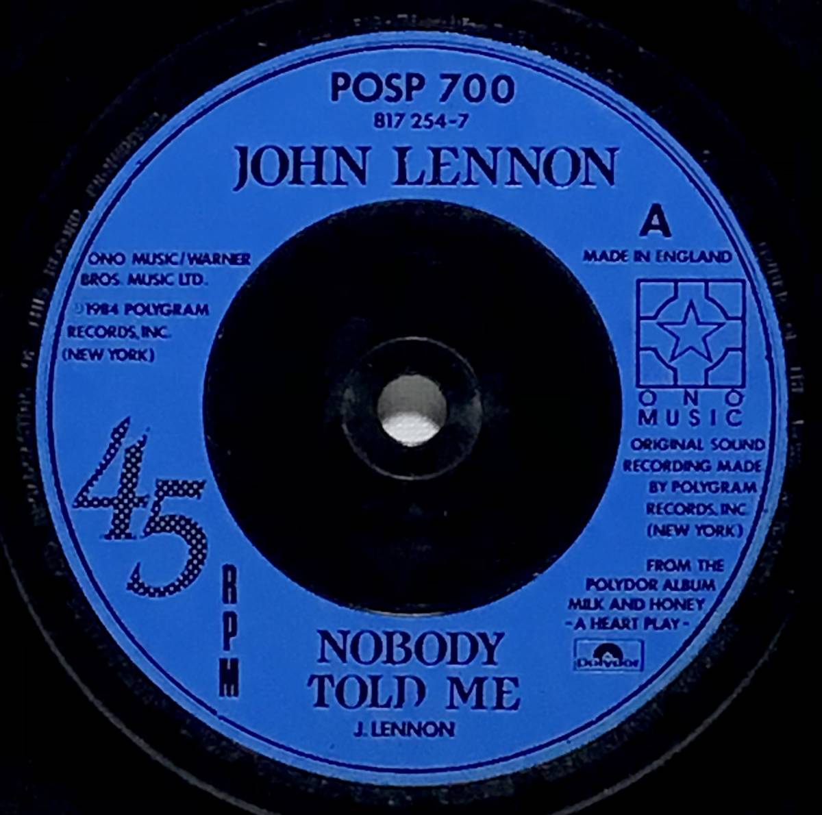 【英7】 JOHN LENNON ジョン・レノン / NOBODY TOLD ME / ARUN 刻印 1984 UK盤 7インチシングルレコード EP 45_画像4