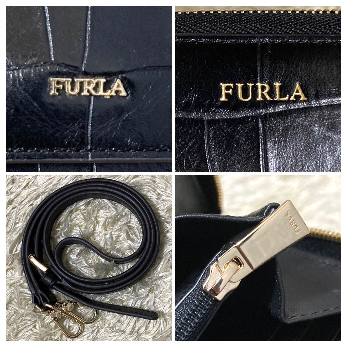 極美品】フルラ ウォレットショルダーバッグ レザー 黒 リーヴァ 極美品】フルラ ウォレットショルダーバッグ レザー 黒 リーヴァ