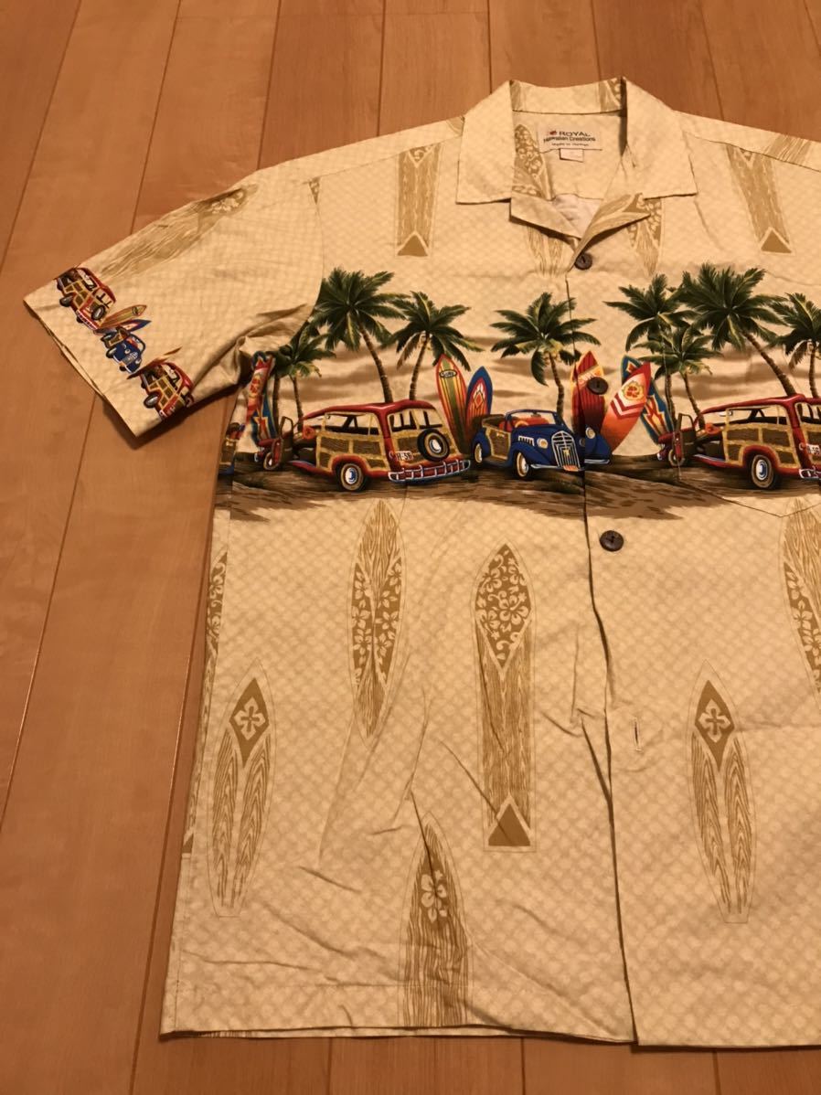 着用少な目.美品☆Hawaii.USA製／ROYAL HAWAIIAN CREATIONS M大き目　半袖アロハシャツ 全面籠調模様入・ビンテージ旧車柄&サーフボード柄_画像4