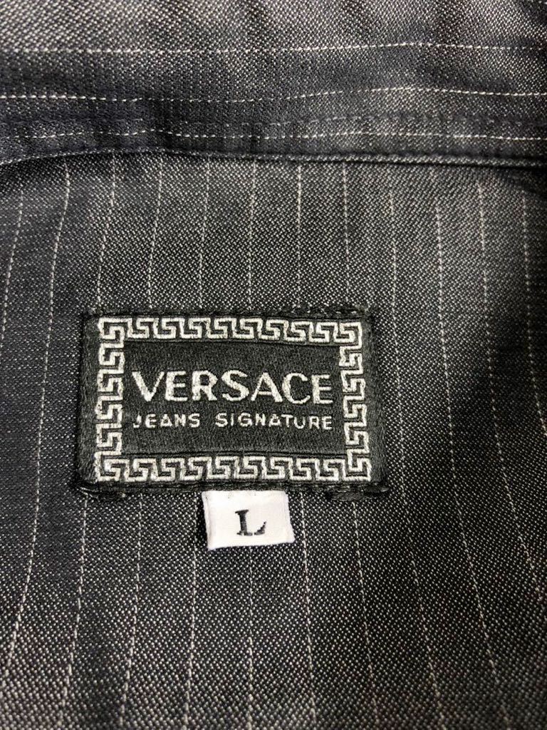 美品 Vintage VERSACE Jeans ヴェルサーチ メンズ グレー ストライプ 長袖シャツ トップス L表記の画像4