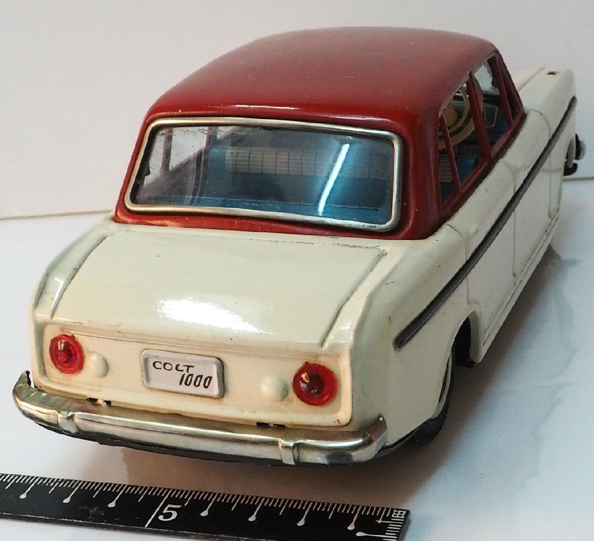 萬代屋【三菱コルト 1000 赤/白 MITSUBISHI COLT ミラー欠】フリクション ブリキ製ミニカー TIN TOY■旧バンダイ B.C.BANDAI 【箱無】0688_画像３