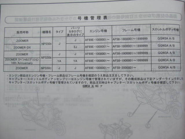 ホンダ ズーマー ZOOMER DX スペシャルエディション 10thアニバーサリー パーツリスト 3版 AF58 NPS50 パーツカタログ 整備書☆の画像3