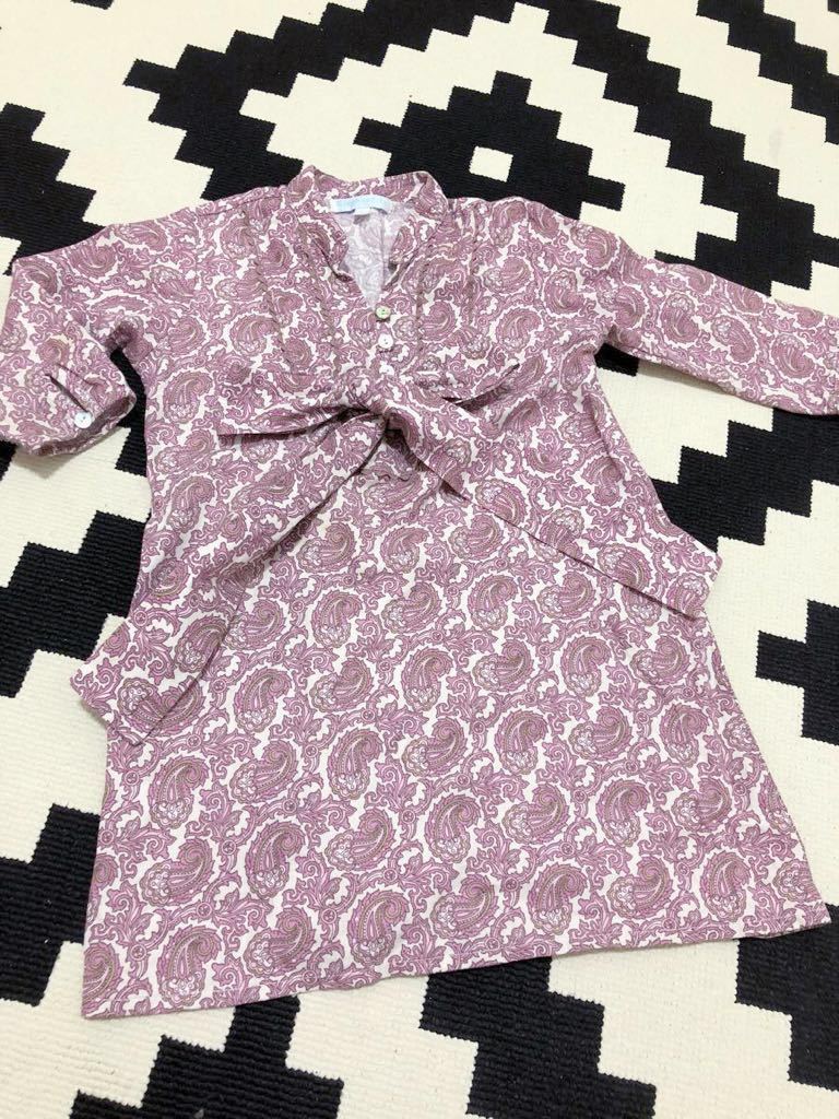 送185円美品アメリカ高級子供服elephantitoペイズリー柄シャツワンピース ウエストリボンスモーキーピンク約100cm 110★エレファンティート_画像1