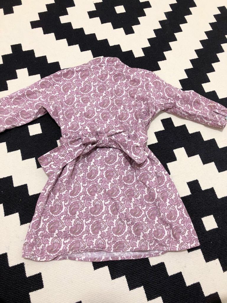  sending 185 jpy beautiful goods America high class child clothes elephantitopeiz Lee pattern shirt One-piece waist ribbon smoky pink approximately 100cm 110*ere fan tea to