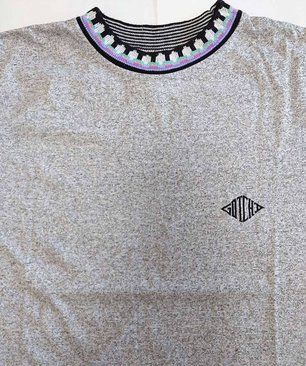 □GOTCHA '80 USA製 Tシャツ 柄リブ襟 霜降りグレー 綿100％ モックネック OLD VINTAGE アメカジ RHC ガッチャ STUSSY ミウラ BEAMS SHIPS