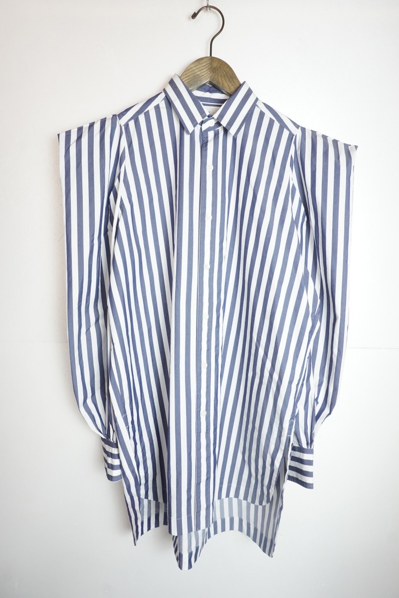 美品22SS HYKEハイク STRIPED POWER SHOULDER SHIRT パワーショルダー ストライプ 長袖シャツ ワンピース 221-15157 青白829N▲_画像1