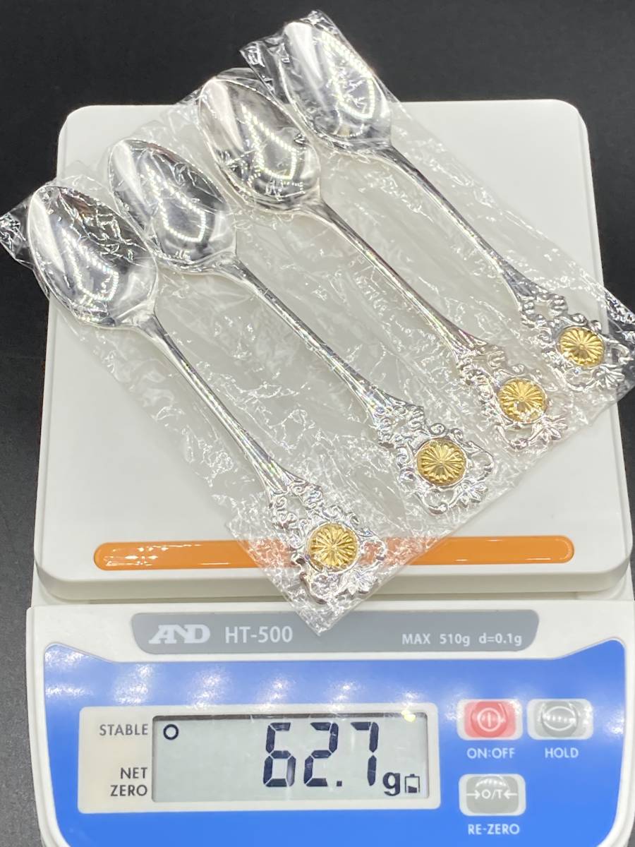 【929】菊の御紋入/NICKEL SILVER ニッケル シルバー スプーン 4枚セット 重量約60g_画像10