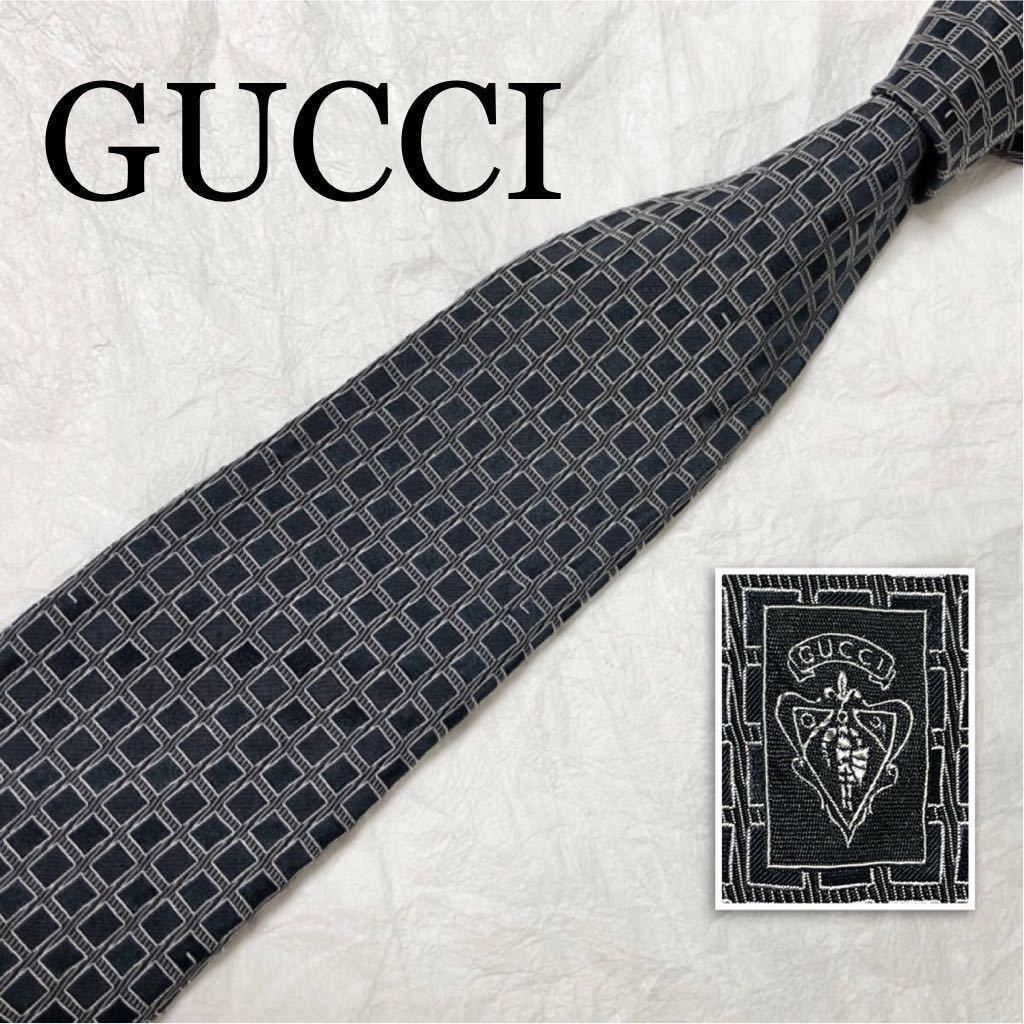 GUCCI グッチ　ネクタイ　スクエア　Gマーク　総柄　シルク100% イタリア製　ブラック　ビジネス_画像1