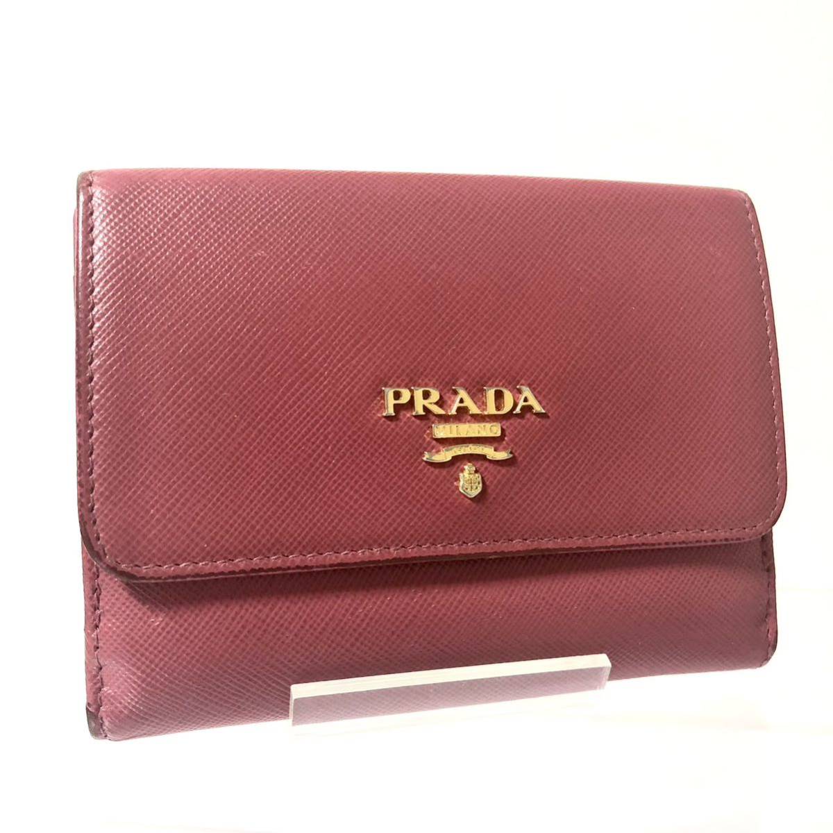 美品 PRADA プラダ サフィアーノレザー 三つ折り財布 ロゴ金具 ピンク