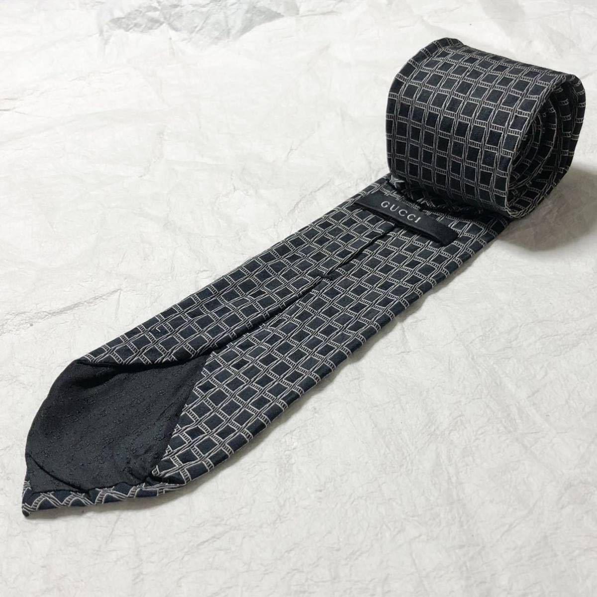 GUCCI Gucci necktie square G Mark total pattern silk 100% Italy made black business 