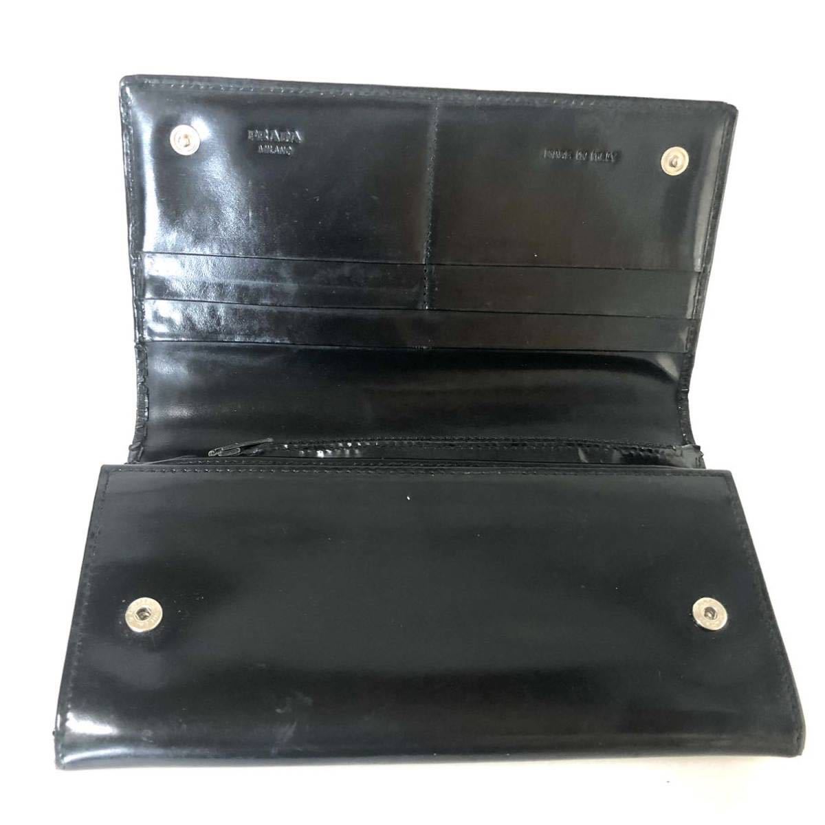 PRADA プラダ ロゴ刻印 エナメル長財布 Wホック ブラック PRADA プラダ ロゴ刻印 エナメル長財布 Wホック ブラック