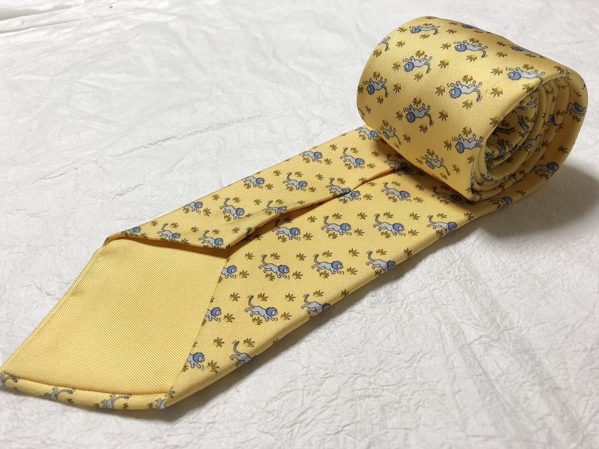 ■美品■HERMES エルメス ネクタイ サバンナのライオンとシカ シルク イエロー