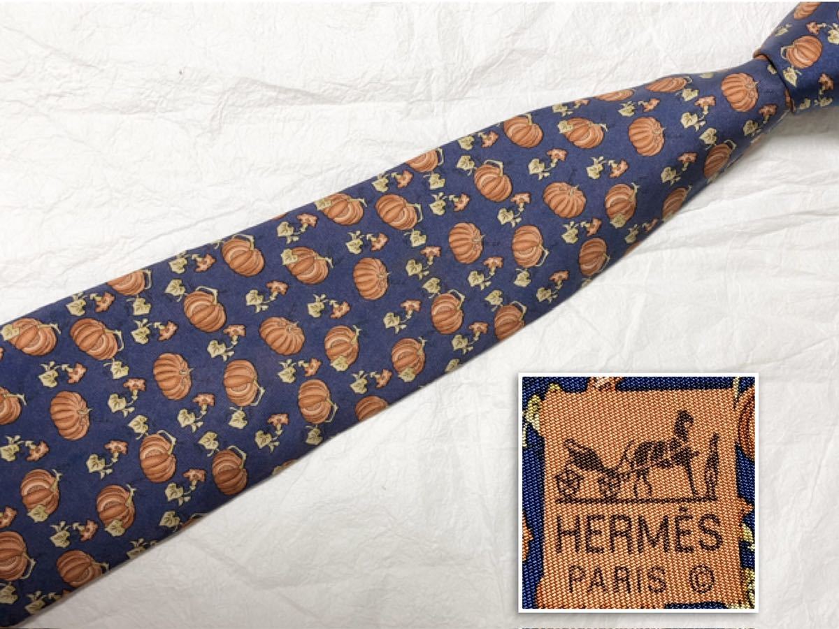 ■美品■HERMES エルメス　ネクタイ　かぼちゃ　パンプキン　シルク100% フランス製　ネイビー_画像1