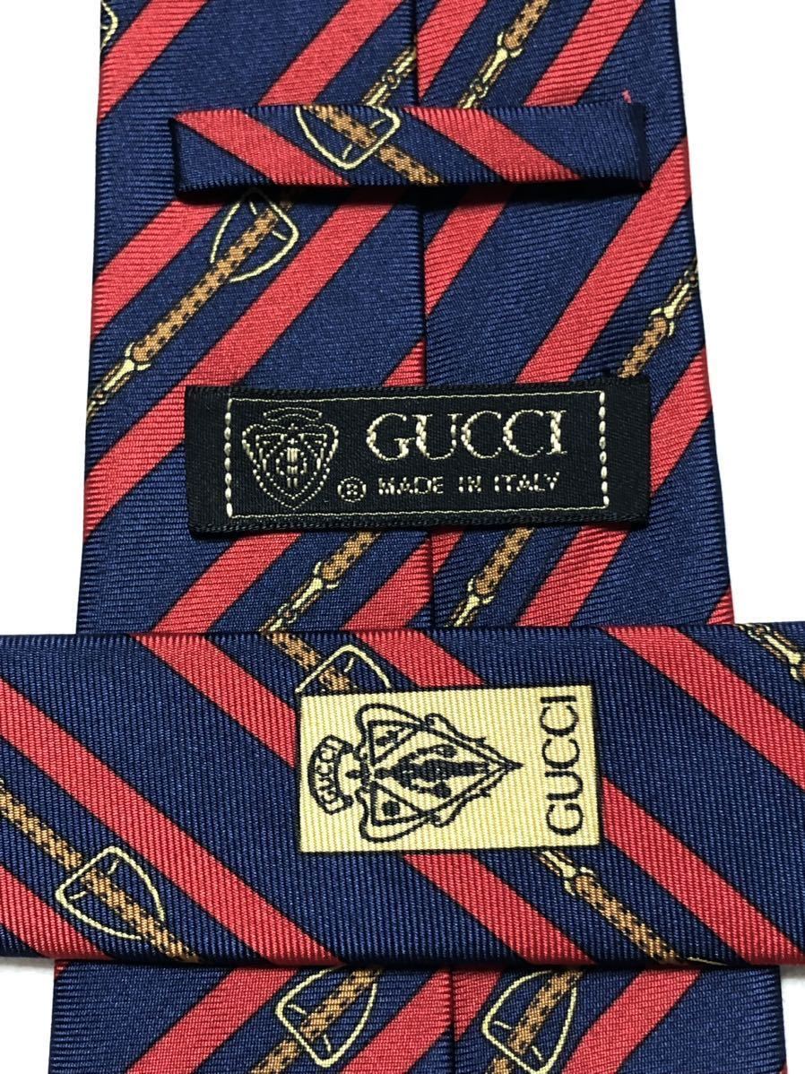 GUCCI グッチ　ネクタイ　レジメンタルストライプ　ベルト　金具　シルク100% イタリア製　ブルー×レッド_画像6