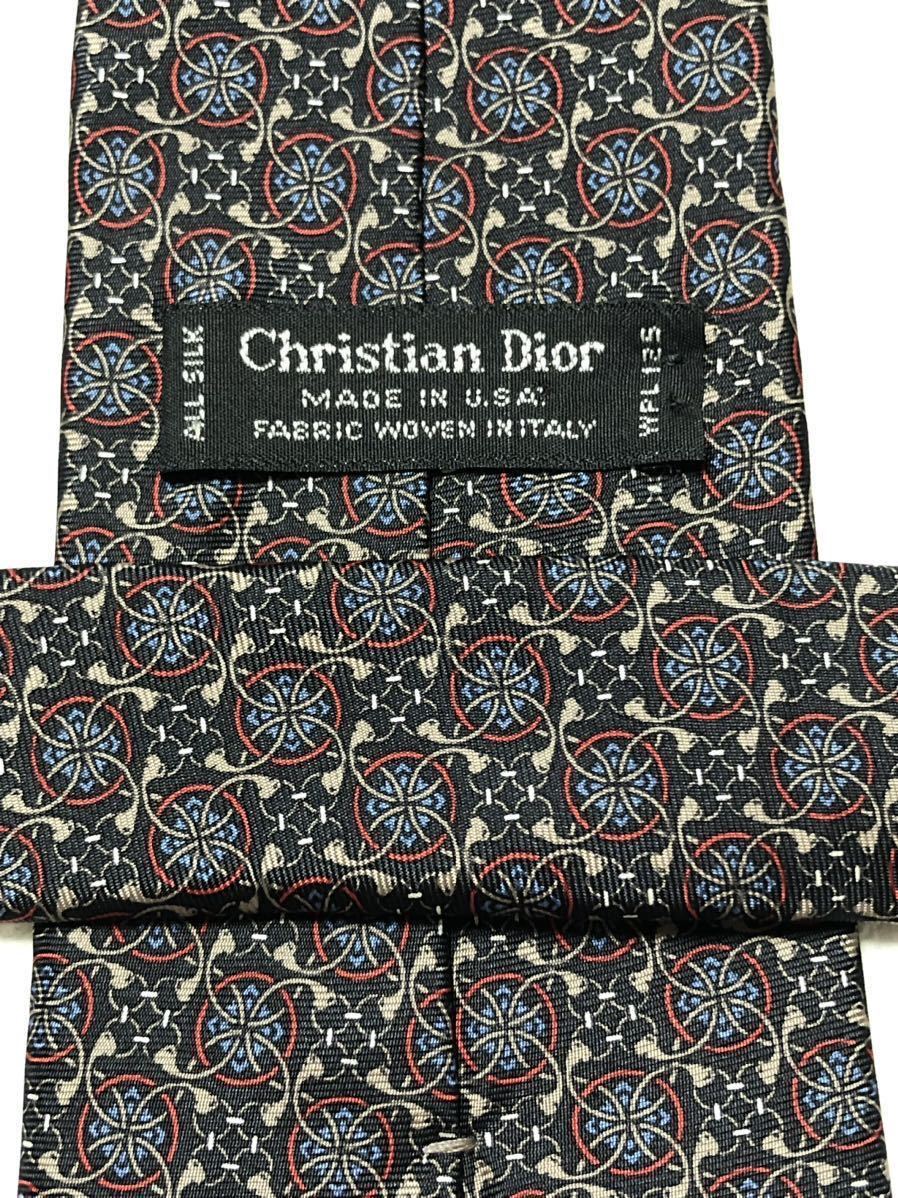 ■美品■Christian Dior クリスチャンディオール　ネクタイ　金具　円　総柄　シルク100% 米国製　レッド×ブルー×グレー