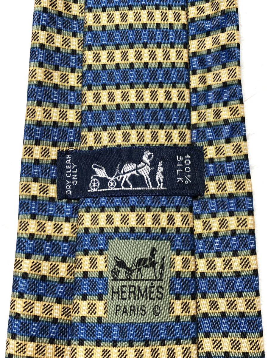 ■美品■HERMES エルメス　ネクタイ　ボーダー　シルク フランス製　ブルー×イエロー　ビジネス_画像7