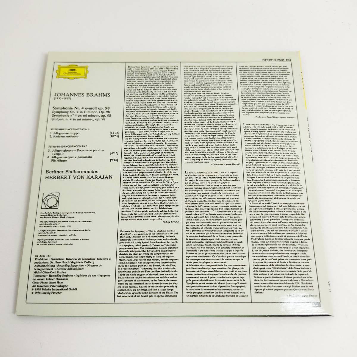 【紙ジャケット】カラヤン70 -71　/　ブラームス:交響曲第4番ホ短調 op.98　/ 1970年代ドイツ・グラモフォン・レコーディングス_画像2