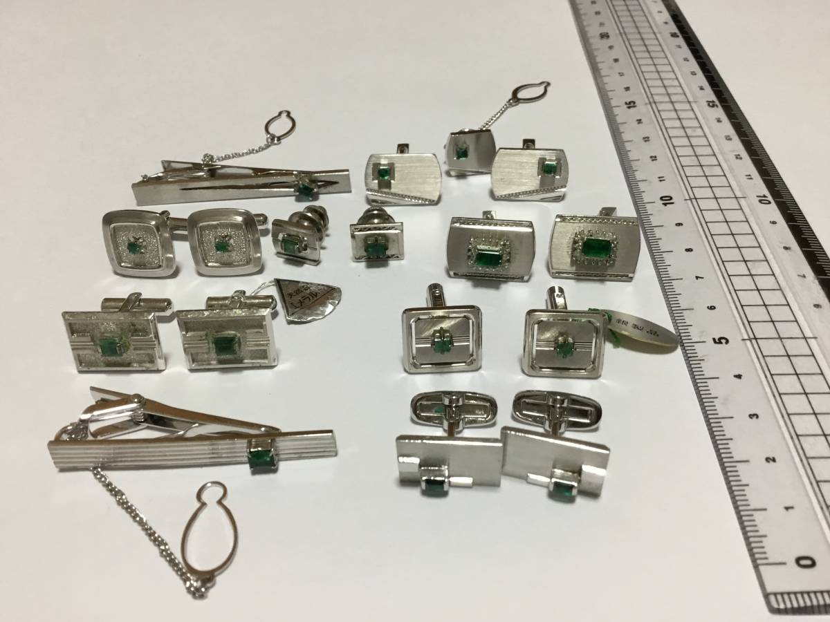 人気特価 エメラルド シルバーカフス タイピンセット 刻印有 銀製品