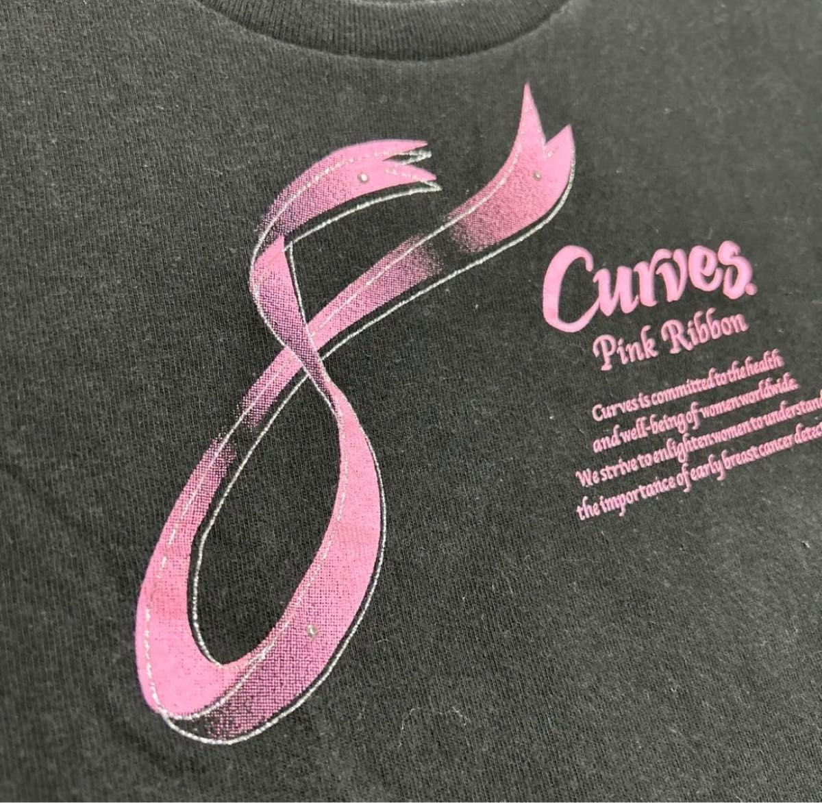 カーブス 黒 半袖シャツ Tシャツ Curves ブラック ピンクリボン リボン