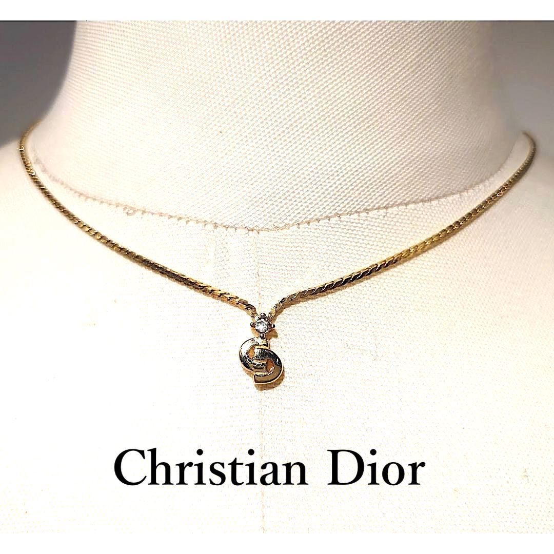 【良品】Christian Dior CD クリスチャンディオール CDモチーフ 立て爪 ラインストーン ネックレス ヴィンテージ ゴールド 【送料無料】