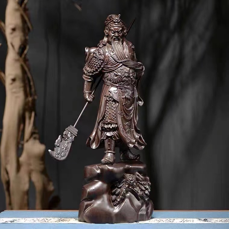 美品☆ 仏教工芸精密細工関羽像精密彫刻極上品黒檀木仏師で仕上げ品武