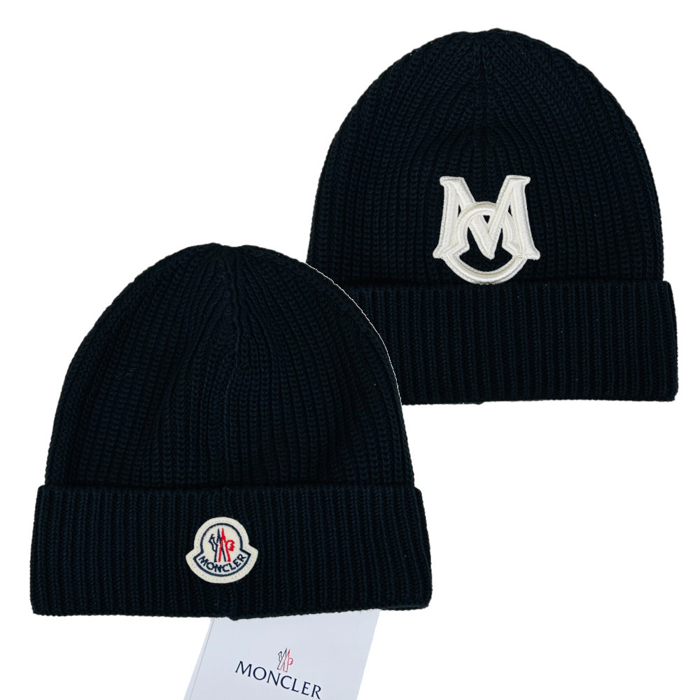 新品 MONCLER コットンコーデュロイ モノグラム ロゴ ニット キャップ モンクレール ブラック ニット帽