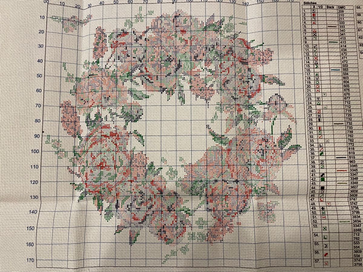 クロスステッチキット　牡丹の花リース(14CT、64色、図案印刷あり)