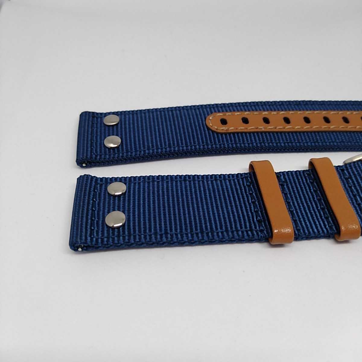 ブルー 22mm リベット付き キャンバスナイロンレザーストラップ ハミルトンタイプ 腕時計ベルト　交換用　ミリタリー イージークリック式_画像3