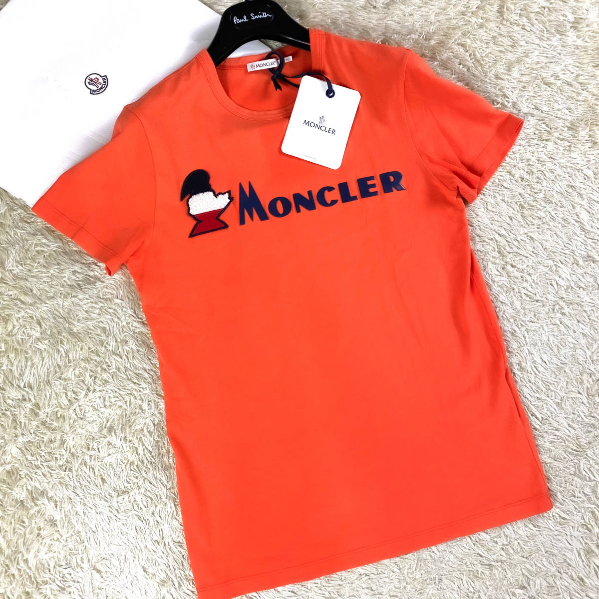 未使用級!MONCLER半袖Tシャツ希少オレンジ橙色フロントビッグラバー