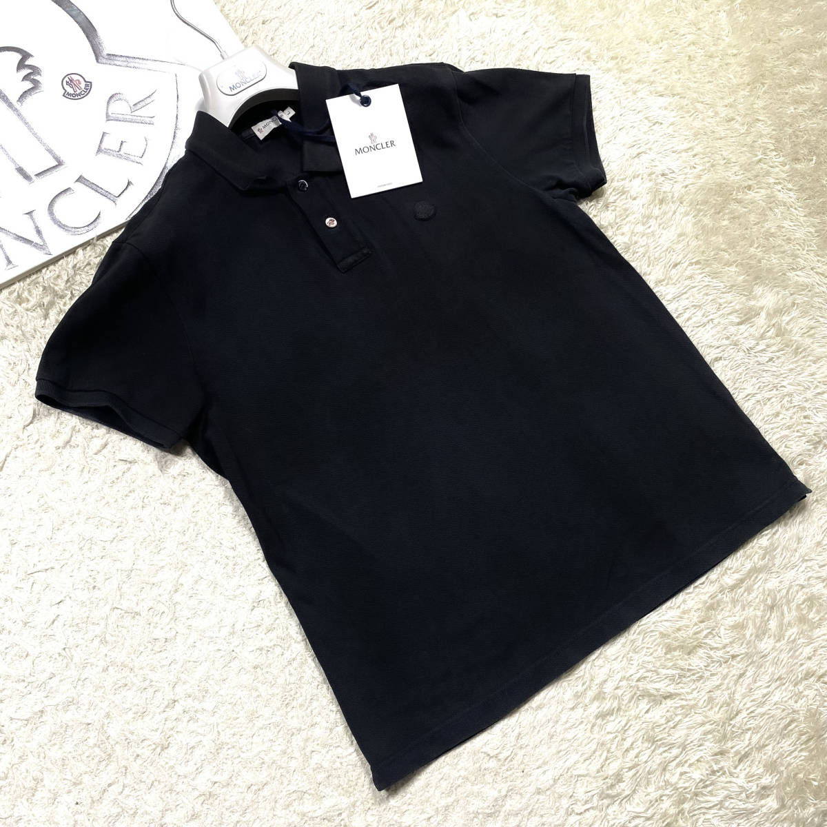美品XL.LL～L!MONCLER半袖ポロシャツ黒ブラック ワンポイント胸黒ロゴ