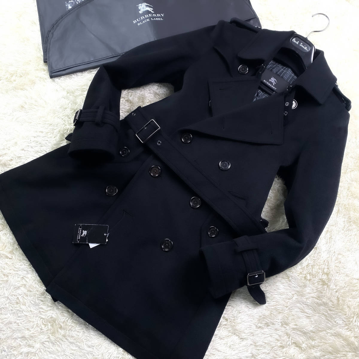 未使用級カシミヤBURBERRY BLACKLABEL銀釦!ナポレオンコート銀ボタンM