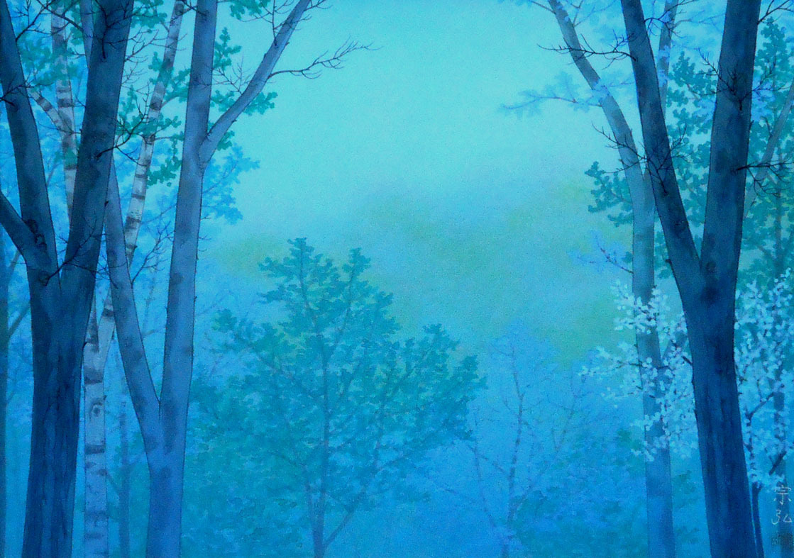 真作】ブルーがきれいな落ち着いた作品です！ 中村宗弘 「青林」 日本