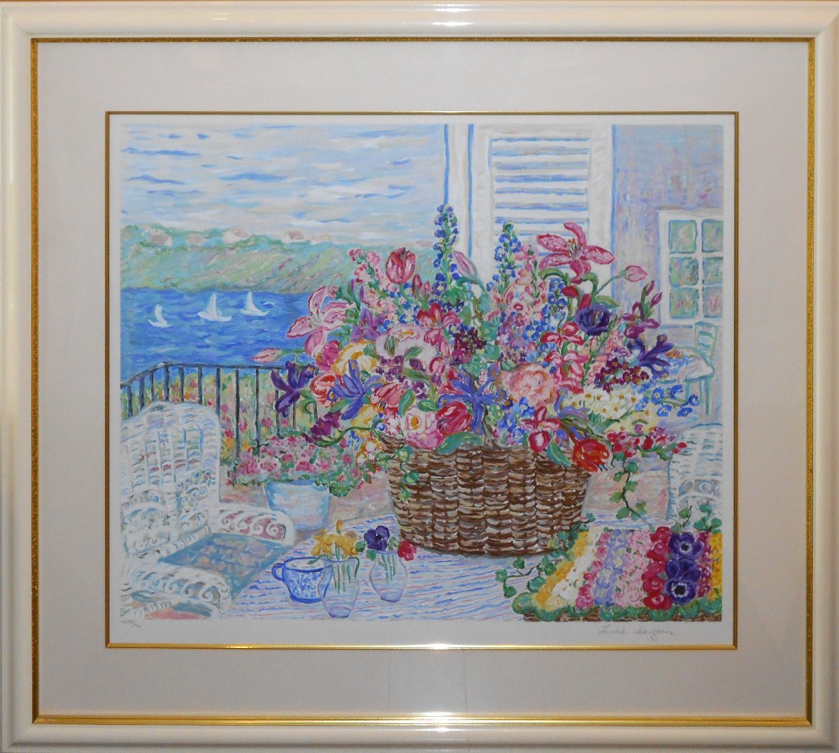 花々を描く大人気作家　レスリーセイヤ　版画　「テラスにて」　限定76部　【正光画廊・5000点出品中・お好きな作品が見つかります】
