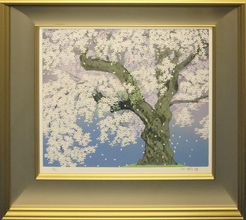 岐阜県の高山市ある見事な桜です。桜はいつ見ても綺麗です！　中島千波　　版画　　「照蓮寺の荘川桜」 　2005年製作　【正光画廊】