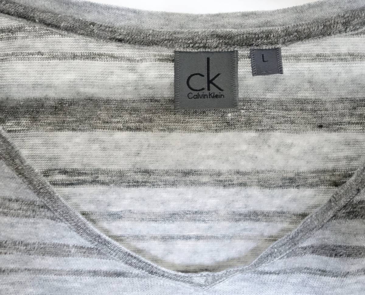 CK Calvin Klein カルバンクライン 麻 リネン混 半袖 ボーダー Tシャツ L グレー_画像3