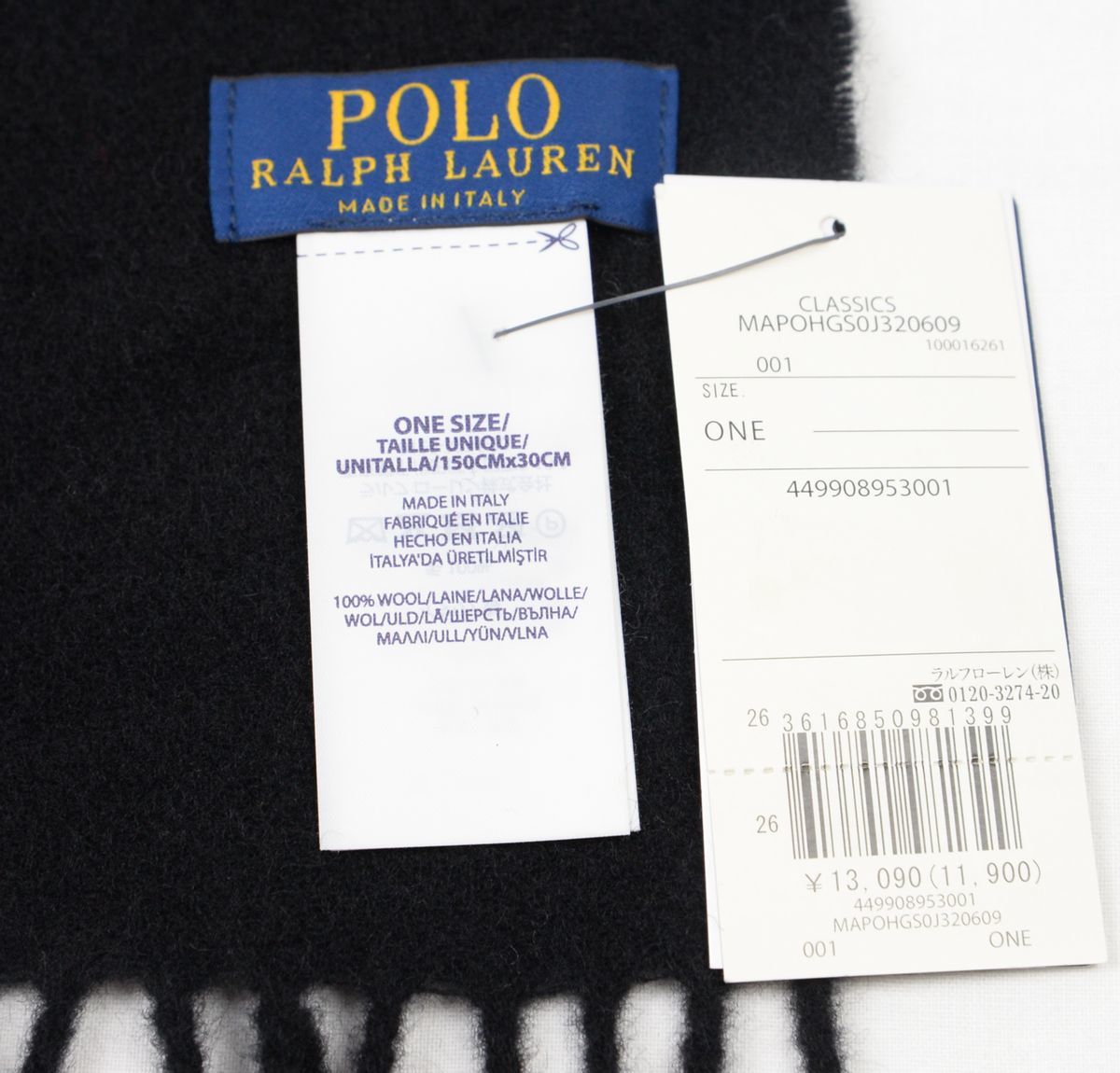 ●定価13090円POLO RALPH LAURNラルフローレンマフラー(毛100%,黒,イタリア製)新品_画像5