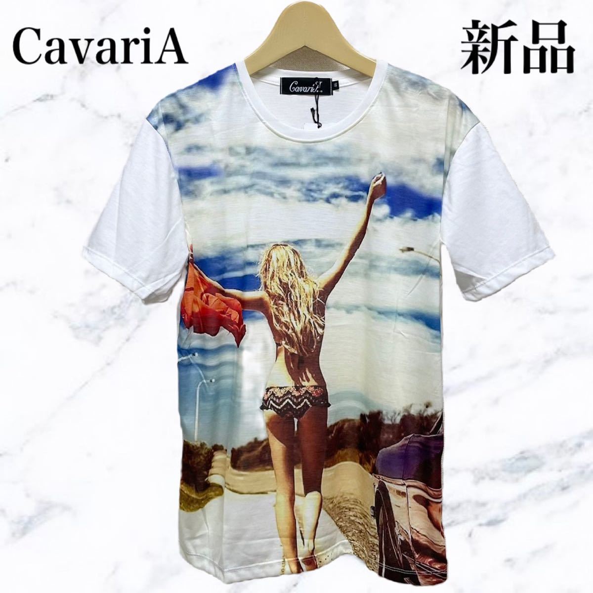 cavariA プリントTシャツ　半袖Tシャツ　半袖カットソー　白Tシャツ