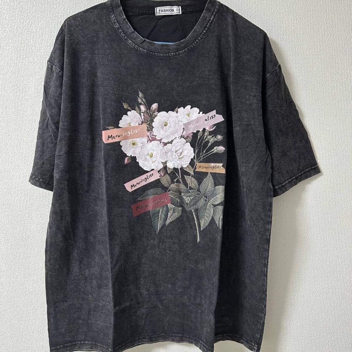 新品☆ウォッシュ加工 Tシャツ  花柄 2XL ダメージ加工 古着風 オーバーサイズ