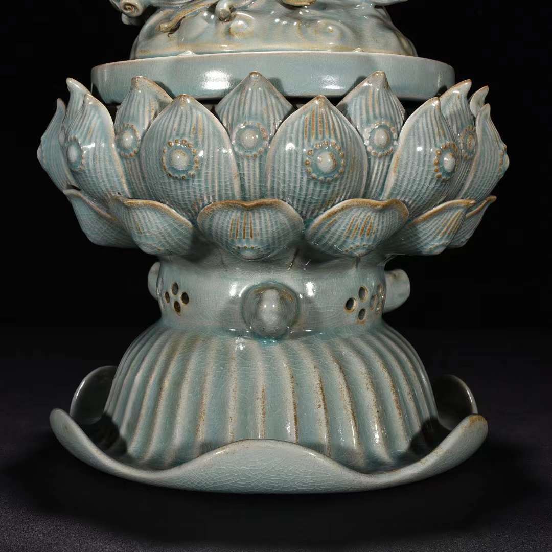 宋時代 汝窯 天青釉 蓮花 香炉 龍生九子 唐物 中国美術 工芸品 高さ45cm 直径25cm【HB573】_画像3