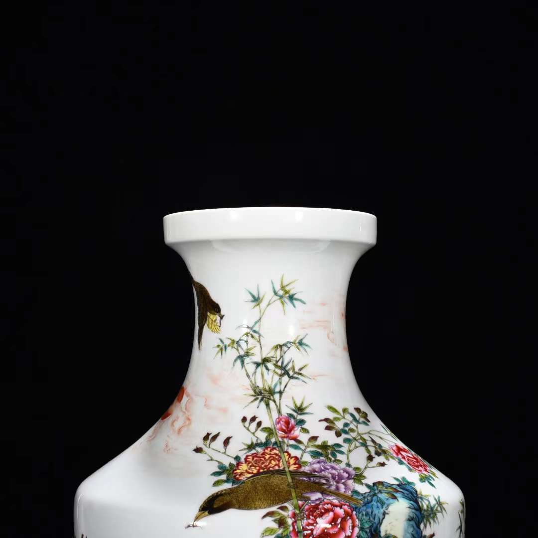 清時代 乾隆 琺琅彩 花鳥紋 盤口瓶 唐物 中国美術 工芸品 高さ29cm 直径19cm 【HB622】_画像2