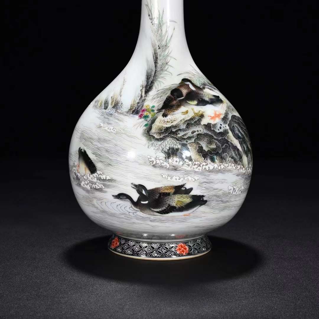 清時代雍正年製款粉彩描金鴻雁花卉紋胆瓶唐物中国美術工芸品高さ25.5cm