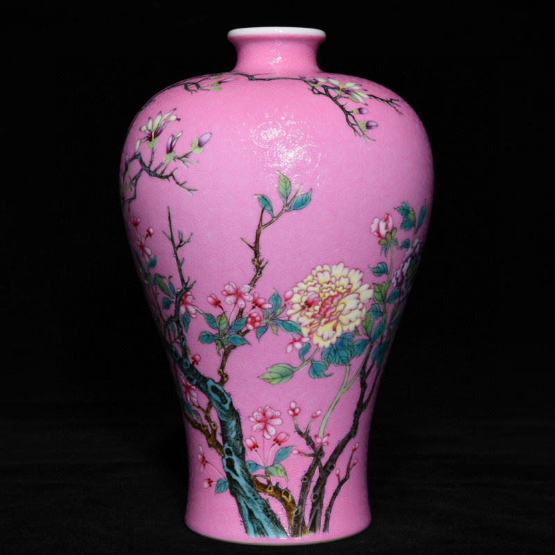 清時代 雍正年製款 桃紅 粉彩 花卉紋梅瓶 唐物 中国美術 工芸品 高さ20cm 直径13cm【RB7】_画像3