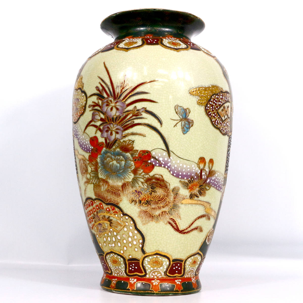 旧家蔵出 薩摩焼 大型 壺 花瓶 花 蝶 金彩 飾り壺 花入 花器 骨董品 古