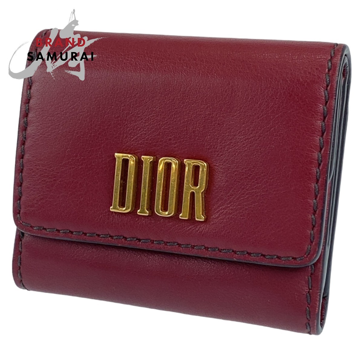 Christian Dior D-FENCE LOTUS ワインレッド 赤 ゴールド金具 レザー 三つ折り財布 コンパクトウォレット レディース 403199