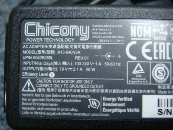 Chicony AC ADAPTER A13-040N3A 19V~2.1A 40W 動作保証 内径約1.7mm、外径は約5.5mm_毎回同じ写真を使っております。