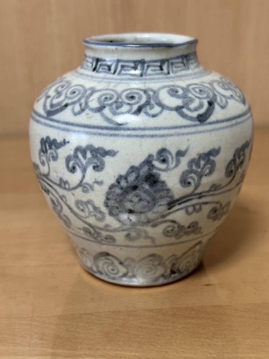 中国古玩古美術古董壺青花古染付唐草如意紋明時代李朝初期希有古家蔵出