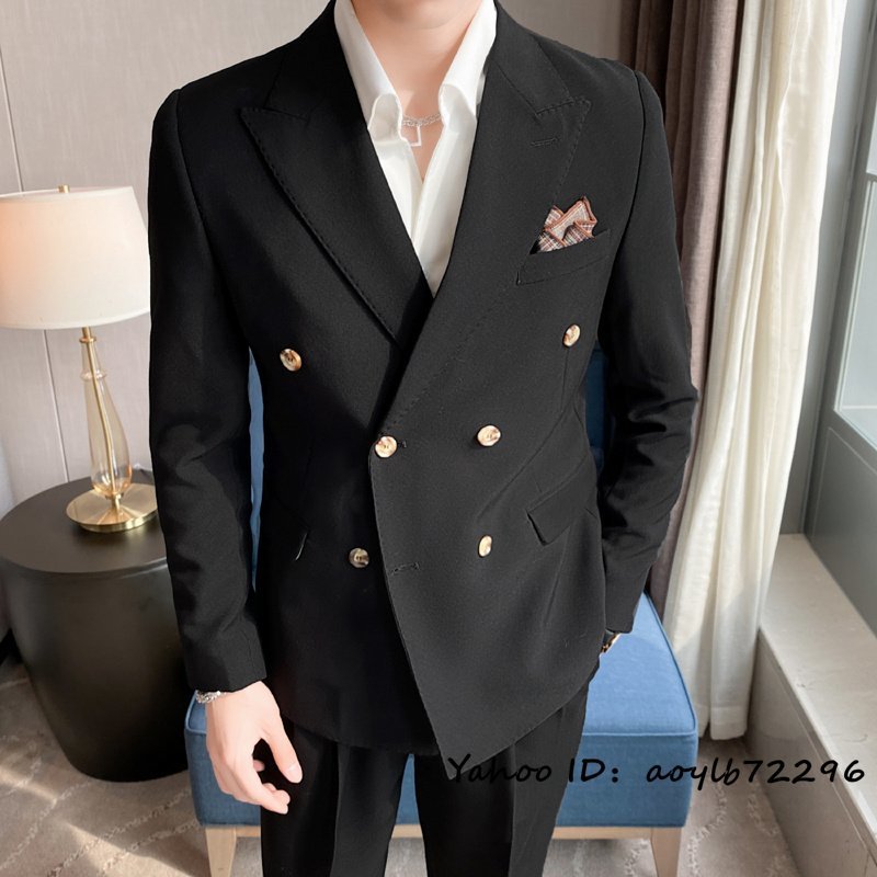 新品■スーツセット ビジネススーツ メンズ ダブルスーツ 上下セット シングルスーツ 高級 無地 スリム 二つボタン 紳士 結婚式 黒 XL